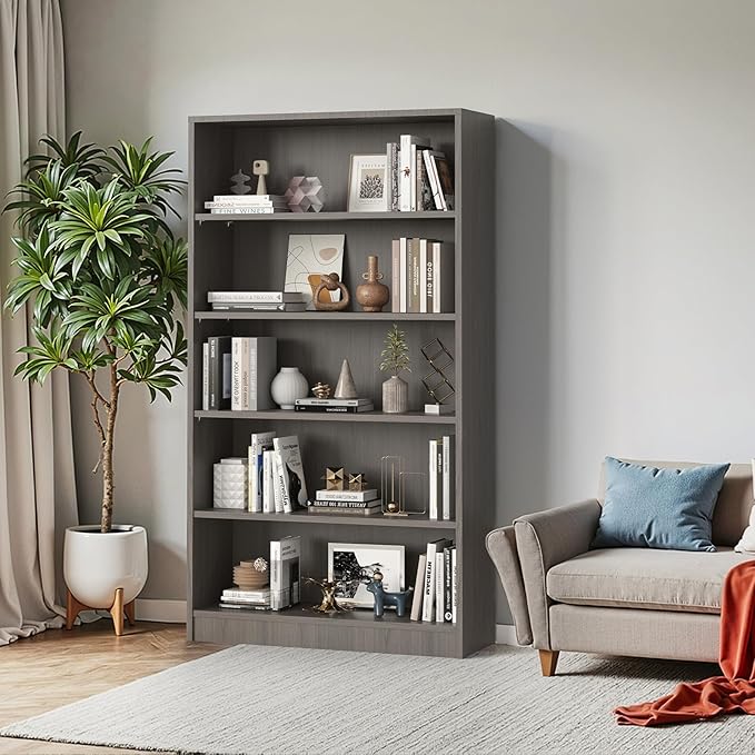 Farini 60 Inch Tall 5-Shelf Bookcase, Wood Bookshelf Storage Organizer Adjustable Shelf for Home Office, Study Room, Easy Assembly,Grey