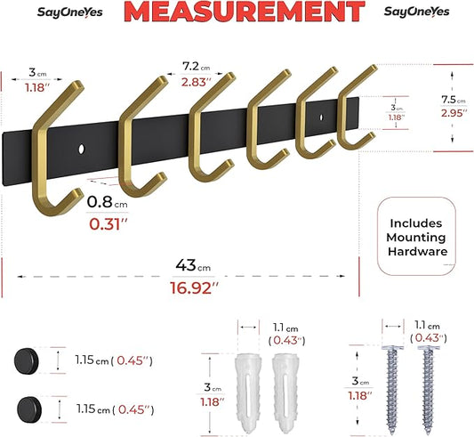 Coat Rack Wall Mount – Black and Gold Hook Rail with 6 Double Coat Hooks, 17 Inch Stainless Steel Wall Hooks for Entryway, Bathroom, Bedroom, Closet, Towel, Hat, Bag, Heavy Duty Organizer - 2 Pack-NeatNest