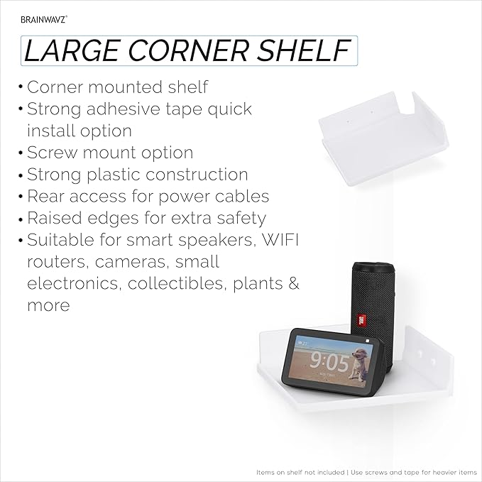 9" Small Corner Shelf Mount, Adhesive & Screw in, for Speakers, Cameras, Baby Monitors, Plants, Books Electronics, Collectibles & More, Floating Shelves (White) by Brainwavz-NeatNest