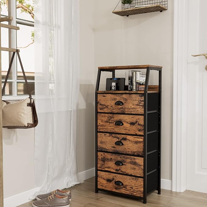 Furnulem Tall 5 Drawers Dresser, Vertical Storage Tower Fabric Dresser for Bedroom, Hallway, Entryway, Nursery, Closet Organizer, Nightstand Bedside Table Furniture, Sturdy Steel Frame, Wood Top-NeatNest
