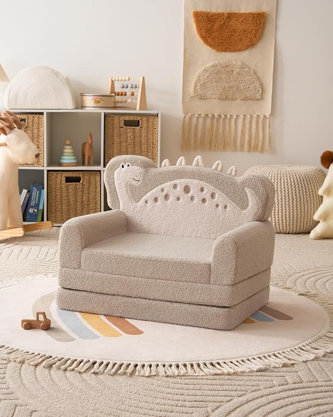 Blissful Diary Kids Couch, 2-in-1 Soft Toddler Couch Fold Out, Toddler Chair Comfy, Convertible Sofa to Lounger, Kids Furniture for Playroom, Gift for Birthday, Children's Day, Khaki Dinosaur-NeatNest