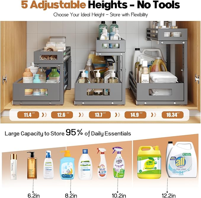 1-Pack Under Sink Organizers and Storage,2-Tier L Shape Pull Out Cabinet Organizer With Round Tube Slide Rails,Hight Adjustable Slide Out Drawers for Kitchen&Bathroom,Multi-Purpose Storage Shelf-Gray-NeatNest
