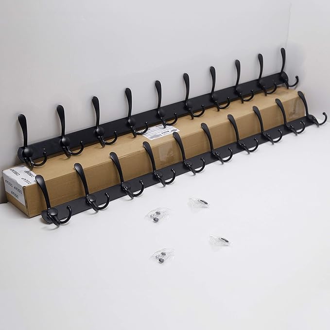 Dseap Coat Rack Wall Mount - 38” Long 10-Tri-Hooks Heavy Duty Coat Hanger Rail Wall Hooks for Hanging Coats Hats Clothing Clothes Purse Mudroom Entryway, Black, Pack of 2-NeatNest