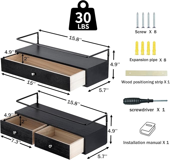 Floating Shelves for Wall Storage, Wall Mounted Bathroom Shelf with Drawers Set of 2, Rustic Wood Wall Shelves for Bedroom, Living Room, Kitchen, Wall Decor, Plants, Books, Black-NeatNest