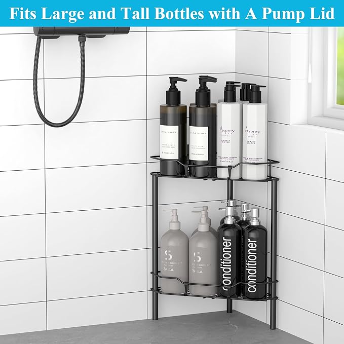 2 Tier Floor Standing Corner Shower Caddy Organizer Shelf with Hooks, Bathroom Shelves Stand Rack, Matt Black