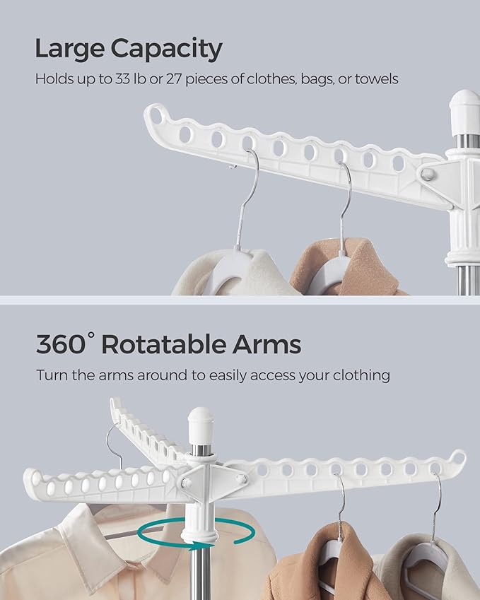 SONGMICS Clothes Drying Rack, 59-Inch Folding Laundry Drying Rack with 3 Rotatable Arms for Hangers, 4 Legs, Stainless Steel, for 27 Pieces of Clothes, White and Silver ULLR510W01