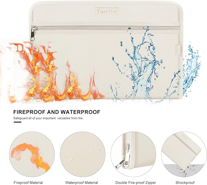 Fireproof Safe Waterproof Accordion File Bag Folder Expanding Filing Folder with 14 Multicolored Pockets, A4 Letter Size, Document Organizer Holder and Color Labels /2 Zipper (Beige 14.3" x 9.8")