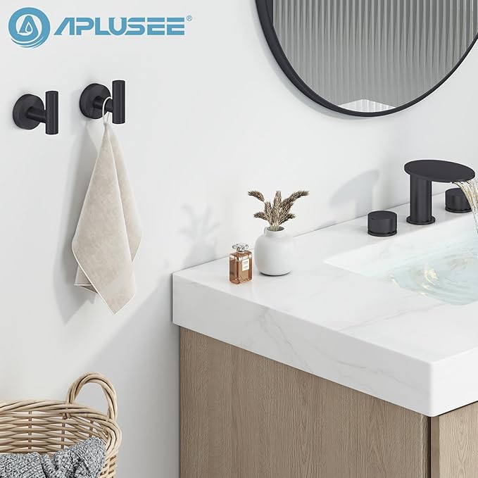 APLusee Matte Black Round Coat Hook 2 Pack, 304 Stainless Steel Bathroom Towel Hook, Wall Mounted
