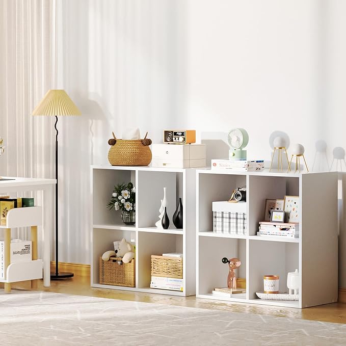 COMHOMA 4 Wood Cube Storage Organizer with Open Back and Removable Back Panels, 11In White Cube Storage Bookshelf, Cubicle Shelf Bookcase for Home Office Bedroom Living Room, Vertical or Horizontal