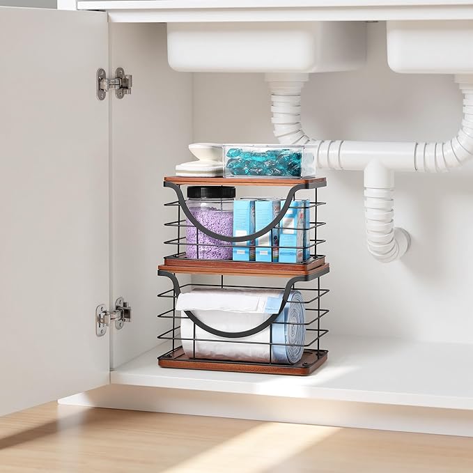 Extra Large Trash Bag Holder Stackable Kitchen Storage, 2 Pack Wall Mounted Pantry Organizers and Storage with Bamboo Top, Garbage Bag Dispenser Under Sink for Laundry Room and Kitchen-NeatNest