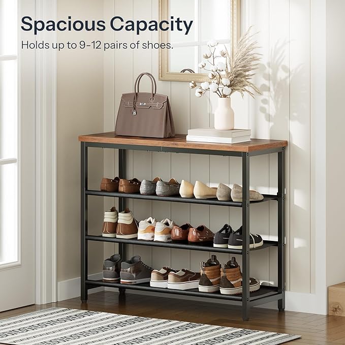 HOOBRO Shoe Rack with 3 PU Shelves, 4-Tier Shoe Storage Organizer for Closet and Entryway, Holds 9-12 Pairs of Shoes, Sturdy Metal Frame, Small Spaces, Rustic Brown and Black BF94XJ01-NeatNest