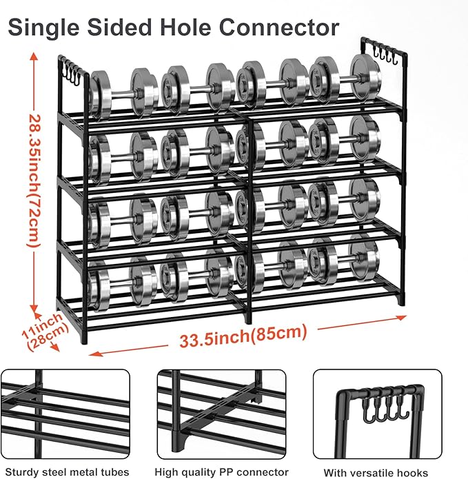 2 Rows 4 Tier Shoe Rack, Black Metal Stackable Shoe Shelf with Multifunctional Hooks, Hold 16-20 Pairs, Space Saving Shoe Organizer for Closet, Bedroom-NeatNest