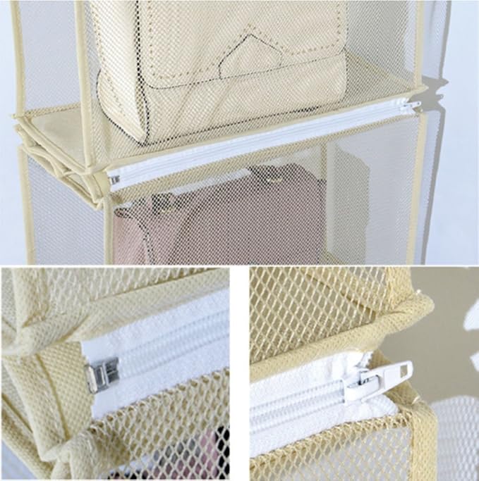 Detachable 4 Compartment Pouch Hanging Handbag Organizer Clear Purse Bag Storage Holder Wardrobe Closet Space Saving Organizers System for Living Room Bedroom(Pack of 2 Beige)-NeatNest