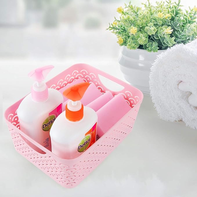 5 Pack Plastic Storage Baskets, Portable Pink Fish Scale Pattern Hollow Desktop Storage Bin Box with Handle for Kitchen, Bathroom, Kids Room or Nursery Storage – 9.4 x 7.1 x 4.1 inches