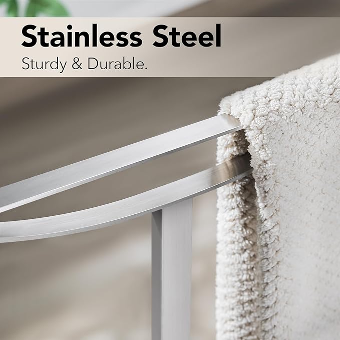 Bathroom Towel Rack Freestanding Floor Stand: Brushed 36in 2‑Bar Weighted Marble Base Towel Holder, Rustproof 304 Stainless Steel Drying Rack for Bath&Hand Towels, No‑Drill Slim Organizer, Spa Pool