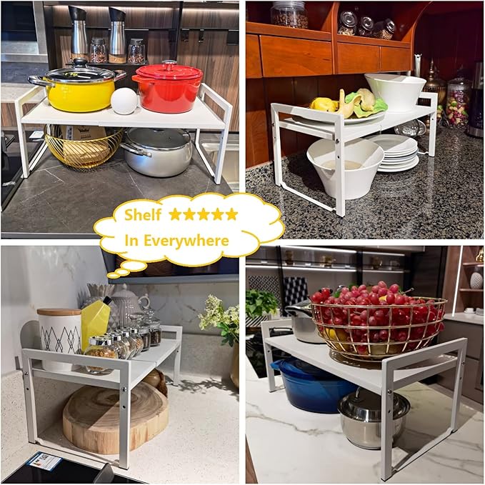 Expandable Cabinet Shelf Organizer 16-26" L Stackable Kitchen Counter Shelf Rack Stand Sink Riser Countertop Storage White (Wide 10.6”D)-NeatNest