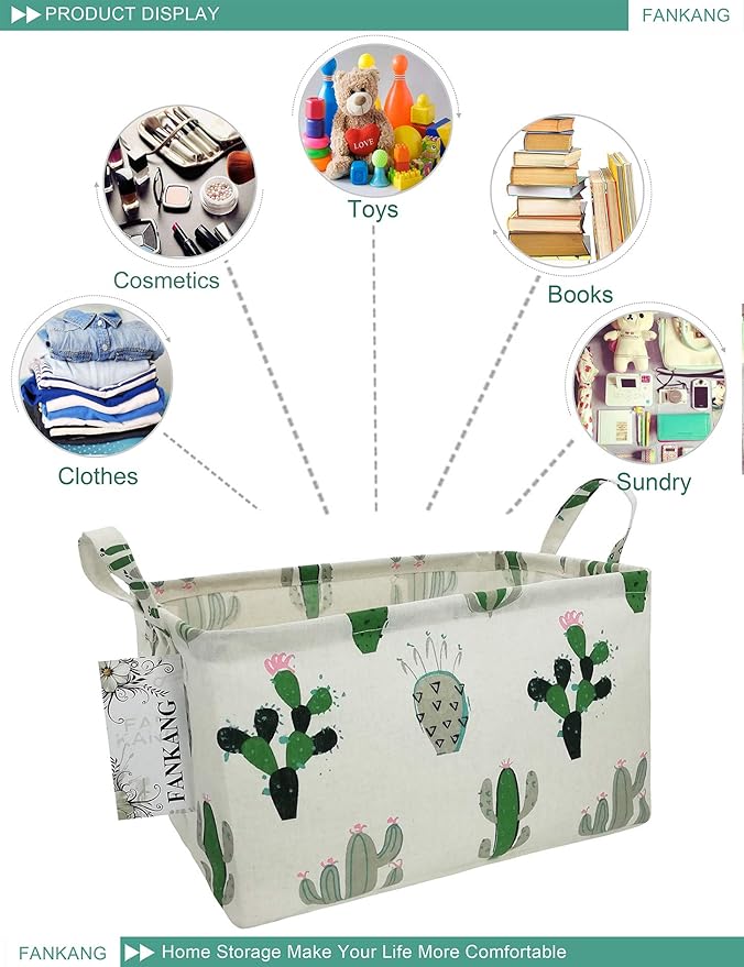 FANKANG Storage Basket,Nursery Hamper Canvas Laundry Basket Foldable with Waterproof PE Coating Storage, Office, Bedroom, Clothes,Toys (L, Rec-Cactus)