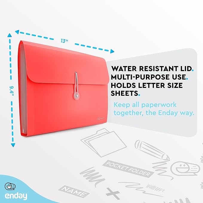 Accordian File Organizer, 13 Pocket Expanding File & Cover Folder with Labels, Plastic Portable Desktop Supplies Letter A4 Paper in Red and Grey (2 Pack) – by Enday