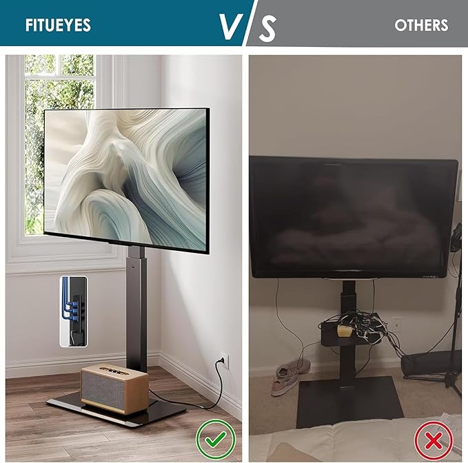 FITUEYES Floor TV Stand for 32-75 inch TV with Power Outlet, Tall TV Stand for Bedroom Living Room with Tempered Glass Base, Floor TV Mount Holds Up to 88lbs MAX VESA 600x400mm,Black-NeatNest