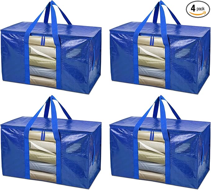 BALEINE 4-Pack Oversized Moving Bags with Reinforced Handles, Heavy-Duty Storage Tote Moving Supplies for Packaging, Camping (Blue w/Window, 4-Pack)-NeatNest