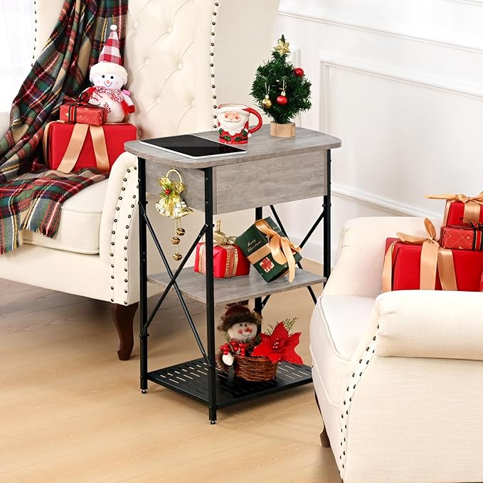 Narrow End Table with Charging Station, Grey Side Table with 3 USB Ports and 2 AC Outlets, Flip Top End Table with Storage, Bedside Table with Drawer, Side Tables Living Room, Bedroom