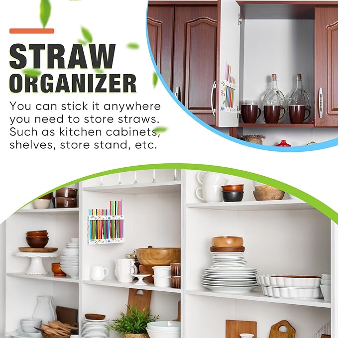 Acrylic Straw Holder for Cabinet Door with Double Sided Adhesive Tape Reusable Straw Organizer Tumbler Storage Kitchen Accessories Container for Counter Cupboard(Floral,Large,White)