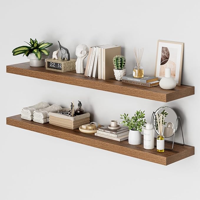 Heimlove 12 Inch Deep Floating Shelves, 55 x 12 inch Extra Long Floating Shelves for Wall, Large Display Shelf & Storage Shelf for Living Room Bedroom Kitchen Home Office, Set of 2, Walnut-NeatNest