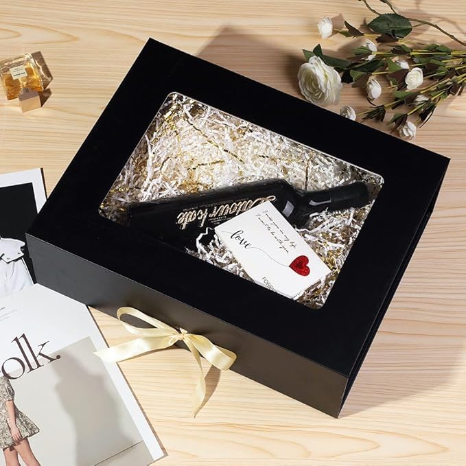 Black Extra Large Gift Box for Presents with Ribbon 16.5x13x5.3 Inches Clear Gift Box with Window Magnetic Closure Gift Boxes with Lids-NeatNest