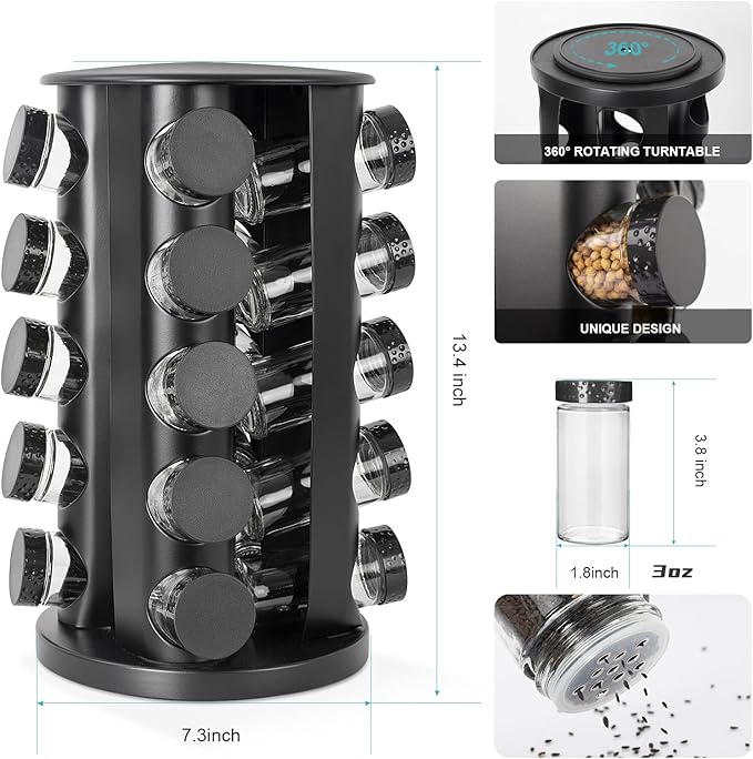 Black Countertop Rotating Spice Rack, Round Empty 20-Jars Revolving Spice Rack Organizer, 135 Spice Labels with Funnel Complete Set, for Kitchen Countertop, Cabinet-NeatNest