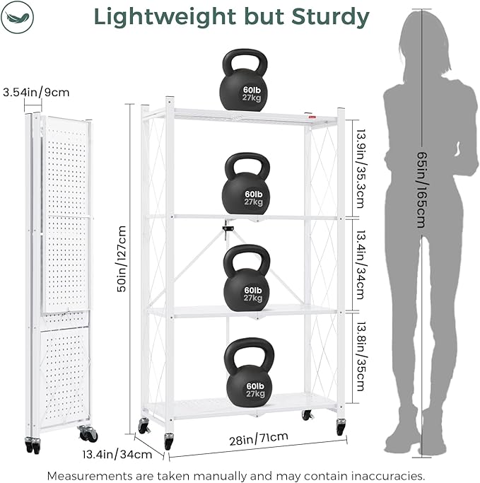 DEANIC 4 Tier Foldable Storage Shelves with Wheels, Large Capacity Shelving Unit, Freestanding Metal Wire Shelf Rack, No Assembly Organizer Rack for Garage Kitchen, Basement, Pantry(White)-NeatNest
