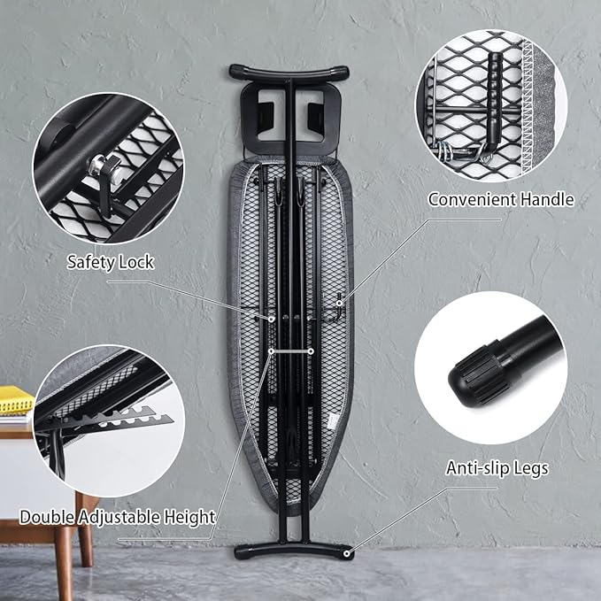 Duwee 13"x38" Ironing Board with Heat Resistant Cover and Thicken Felt Pad, Folding Adjustable Height Large Ironing Board,Heavy Sturdy Legs,Black