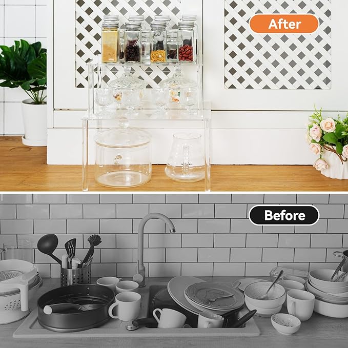 Acrylic Cabinet Organizer Shelf-2 Pack,Stackable Spice Rack Organizer for Cabinet,Clear Shelves for Kitchen Organizers and Storage-NeatNest