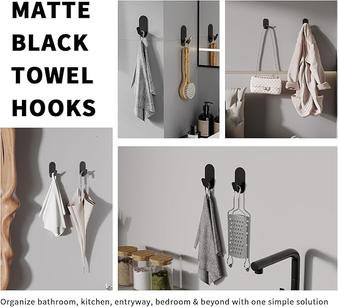 Adhesive Towel Hooks for Bathrooms 2 Pack Matte Black Stainless Steel and Zinc Alloy Sticky Wall Hooks for Hanging Heavy Duty Self Adhesive Robe Shower Hanger for Kitchen, Closet, Cabinet, Door
