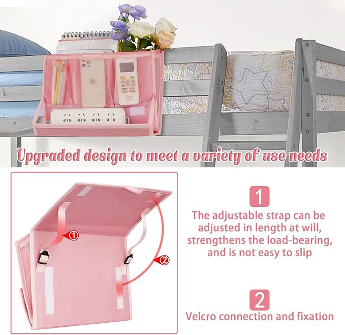 Bedside Caddy Bedside Storage Organizer Bedside Organizer with Power Strip Holder and 2 Adjustable Straps for Home Bunk Bed College Dorm Sofa (2 Pack Pink)-NeatNest