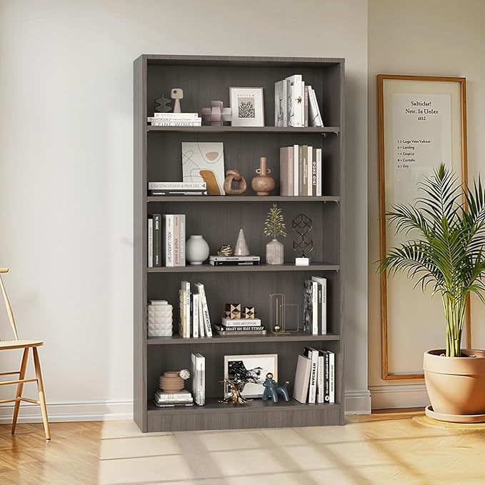 Farini 60 Inch Tall 5-Shelf Bookcase, Wood Bookshelf Storage Organizer Adjustable Shelf for Home Office, Study Room, Easy Assembly,Grey