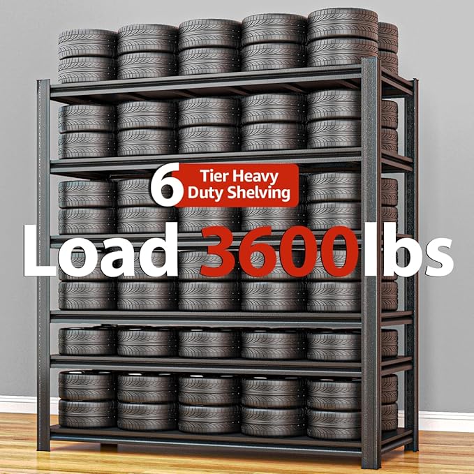 6 Tier Metal Garage Shelves, 84" H x 55.12" W x 24" D, 3600LBS Storage Heavy Duty Garage Shelving, Adjustable Shelving Unit for Warehouse, Basement, Kitchen, Store Display, Black-NeatNest