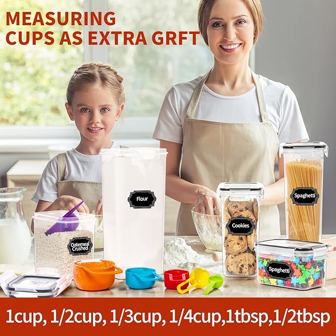 Skroam 14 Pack Airtight Food Storage Containers for Kitchen Pantry Organization and Storage, Plastic Canister Set with Lids, Cereal, Flour & Sugar Containers- Spoon Set, Labels & Marker