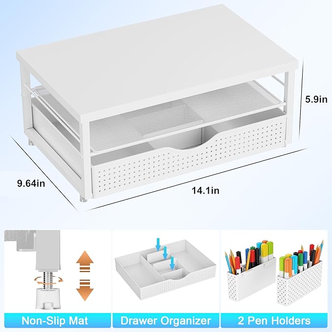 gianotter Wood Monitor Stand Riser, Office Desk Shelf Organizer, Desk Organizer with Drawer and Pen Holder, 2-Tier Computer Stand, Office Organization (Matte White)-NeatNest
