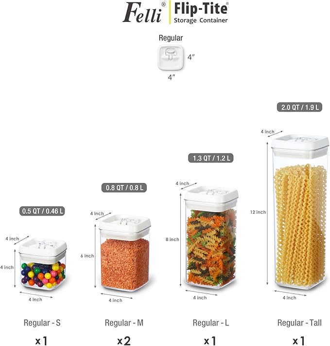 Felli Flip Tite Storage Container with Lid 4" Airtight Ring Seal Top, Stackable Acrylic Canister Jar Set for Kitchen Pantry Organizer, Food Spice Pasta Cereal Snack, Gifts for Women (5pk, Variety)-NeatNest