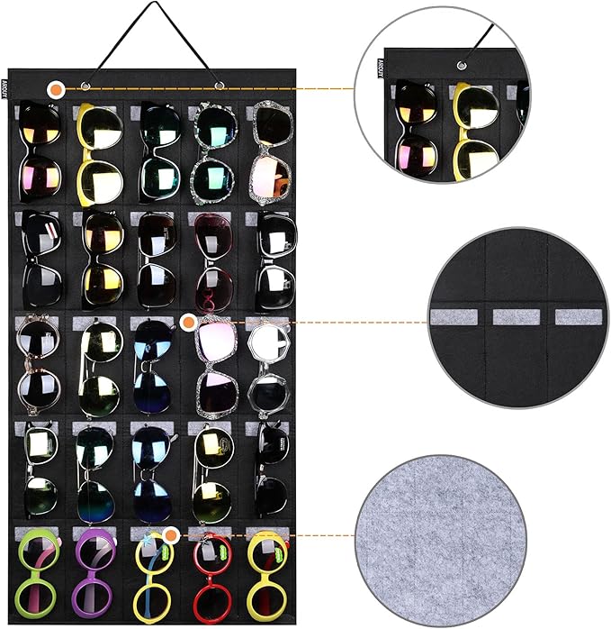 AROUY Sunglasses Organizer Storage, Hanging Wall Pocket Glasses Organizer - 25 Felt Slots Sunglass Organizer Holder Eyeglass Display with Sturdy Rope (Black, Large)-NeatNest