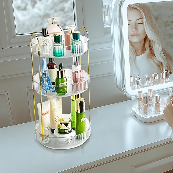 360 Rotating Makeup Organizer for Vanity, Large Capacity Spinning Perfume Organizer, Bathroom Organizer, Cosmetic Skincare Holder Organizer for Countertop (Pearl White, 3 Tier)-NeatNest
