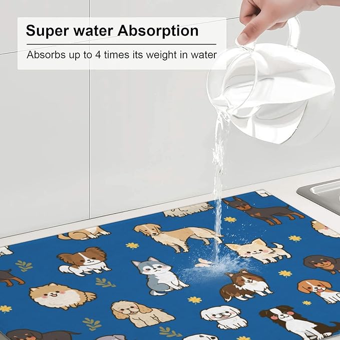 Cute Puppy Dog Dish Drying Mat 18 x 24 Inch for Kitchen Counter Cute Kitchen Mat Microfiber Kitchen Countertop Absorbent Reversible Drainer Rack Pad Dish Drying Mat-NeatNest