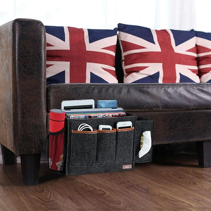 Bedside Caddy, Large Size Storage Organizer - Bedside Organizer for Magazine, Remotes, Phone (13.4'' x 18.1'' Tissue Box Holder, Dark Grey)-NeatNest