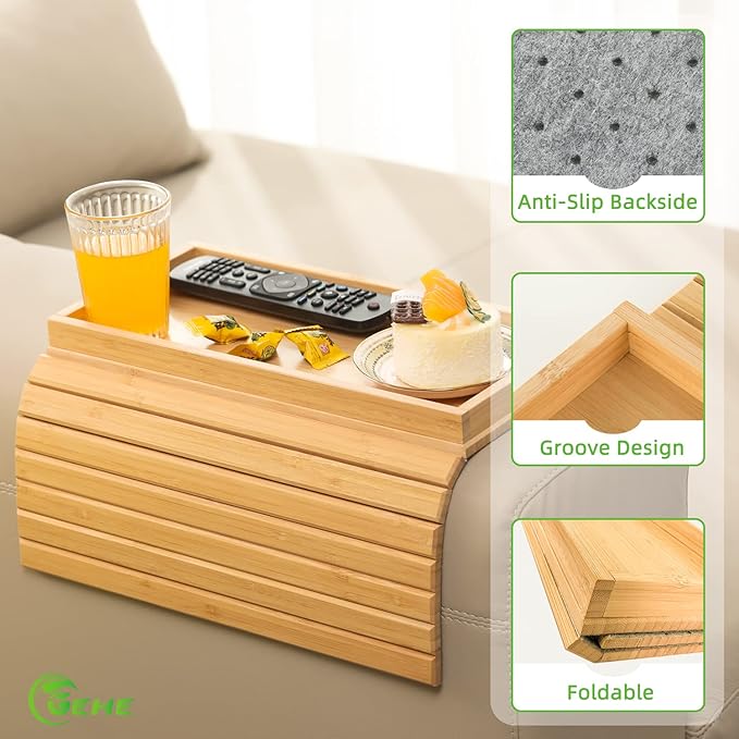 GEHE Bamboo Sofa Arm Tray, Foldable Couch Arm Tray Side Table, Anti-Falling Armrest Tables Cup Holder for Snacks, Drinks, Beers, Phone, Control, Flexible and Portable, Anti-Slip Bottom-NeatNest