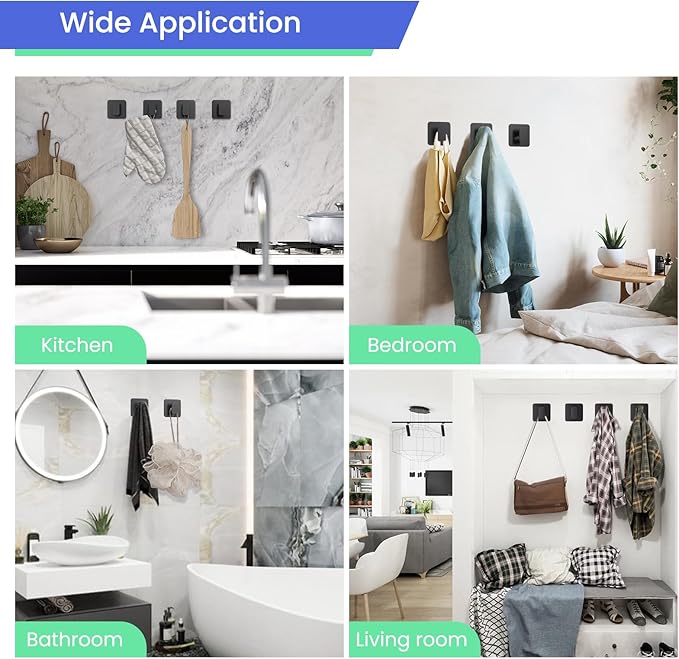 Black Hooks for Hanging Heavy Duty, Adhesive Hooks for Shower, Bathroom, Kitchen, Robe, Towel, Coat, Waterproof & Rustproof Hook for Walls No Damage, Stainless Steel Sticky Hook - 6 Pack-NeatNest