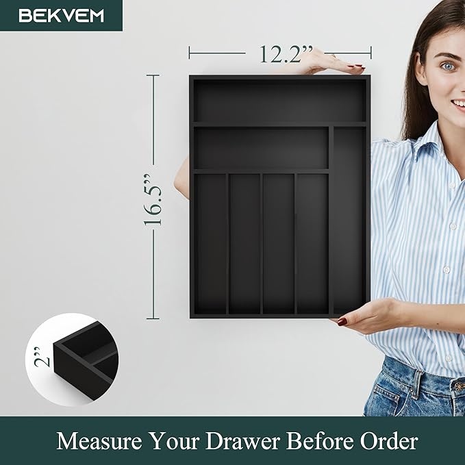 Bamboo Silverware Organizer, Kitchen Drawer Organizer, Utensil Holder, Cutlery Tray & Spoon Flatware Storage with Grooved Drawer Dividers ((7 Slots, Black)-NeatNest
