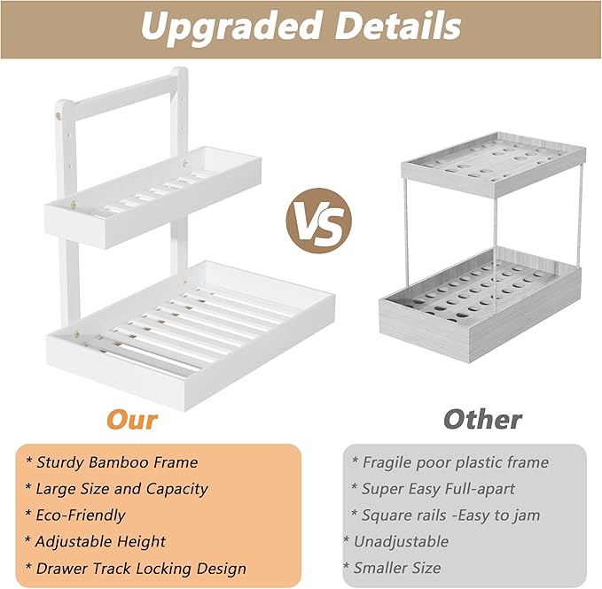 Bamboo Under Sink Organizer and Storage, 2 Tier Pull Out Cabinet Organizer, Slide Out Under Sink Storage Shelf, Undersink Organizers Shelves for Kitchen Bathroom Organization(White, 2 Packs)-NeatNest