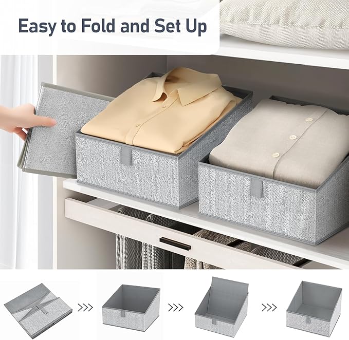 DIMJ Closet Storage Bins 10 Pack - Fabric Trapezoid Closet Organizer Bin, Foldable Storage Baskets for Shelves, Closet Shelf Organizer, Clothing Storage Box for Toys, Books, Towel, Clothes, Gray-NeatNest