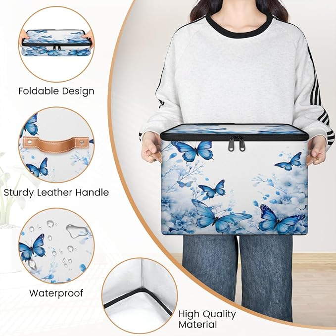 Blue Butterfly Storage Bins with Zipper Lid, Spring Floral Lidded Storage Baskets Boxes Foldable Organizer with Leather Handles for Clothes Closet Shelf Toys-NeatNest