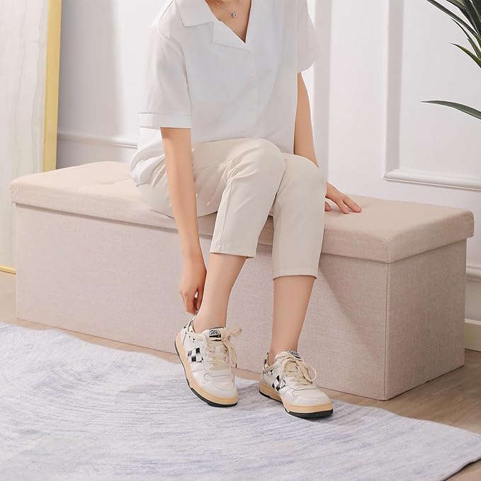 CUYOCA 45.3 Inches Storage Ottoman Bench Foldable Seat Footrest Shoe Bench End of Bed Storage with Flipping Lid, 166L Storage Space, Linen Fabric Black-NeatNest